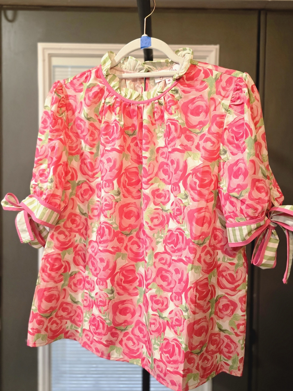 Floral Pink Rose Print Tie-Sleeve Women's Top - Picture 1 of 2